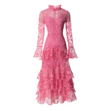Load image into Gallery viewer, Ivy Pink Vintage  Long Sleeve Cascading Ruffle Hollow Out Midi Dress