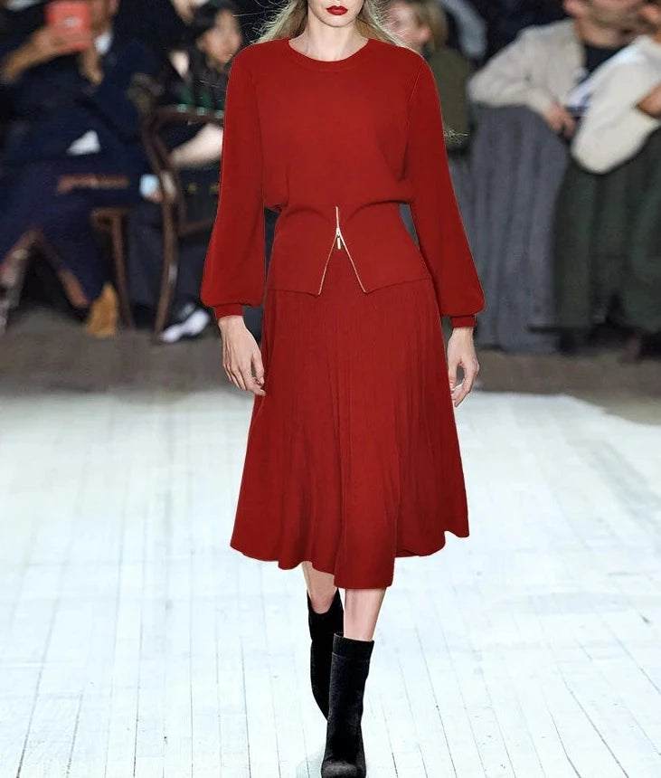 Lani Red Vintage Skirt Set Women's Lantern Sleeve High Elastic Slim Sweater+Long Skirt 2 Pieces Set