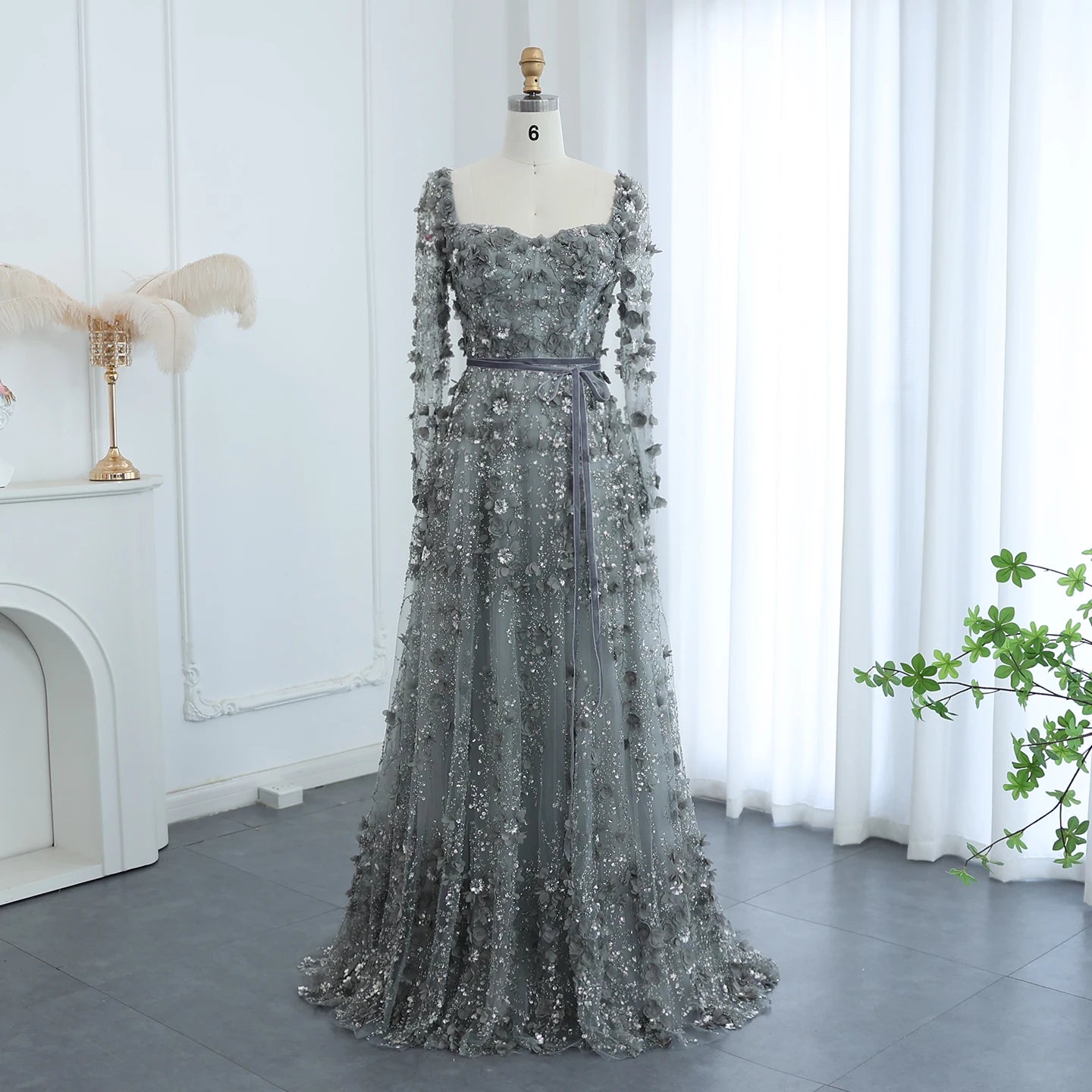 Luxury 3D Floral Gray Long Sleeves Evening Dress