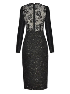 Maxine Autumn Sequins Tweed Pencil Dress Women V-Neck Long Sleeve Crystal Button Lace Patchwork Dress