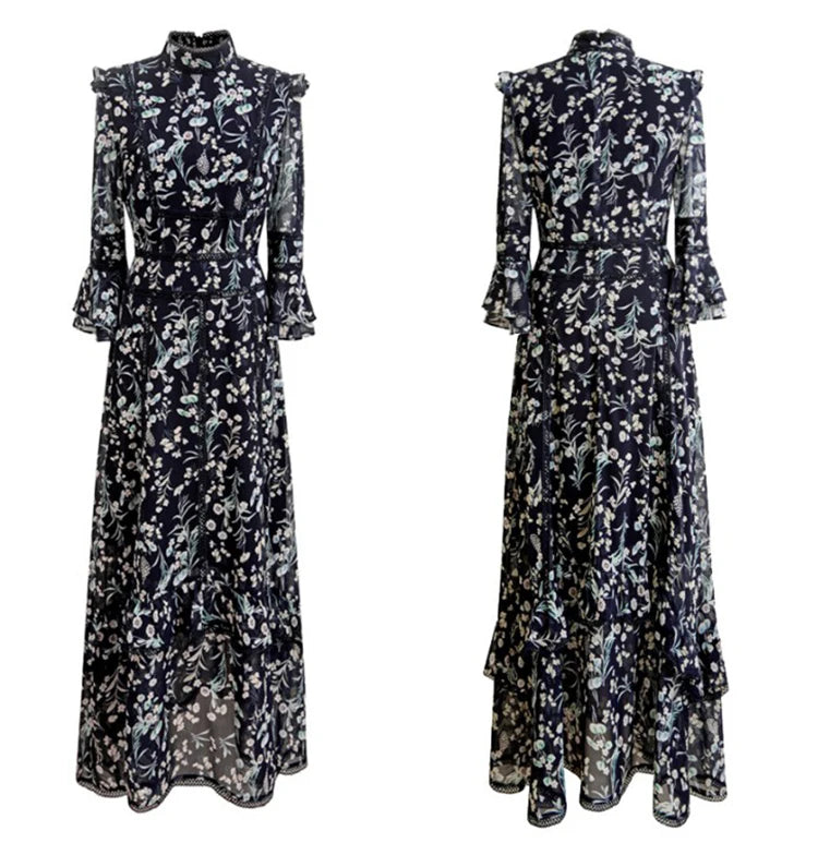 Ember Floral Print Dress Women Stand Collar High Waist Ruffles Lace Spliced Slim Long Dress