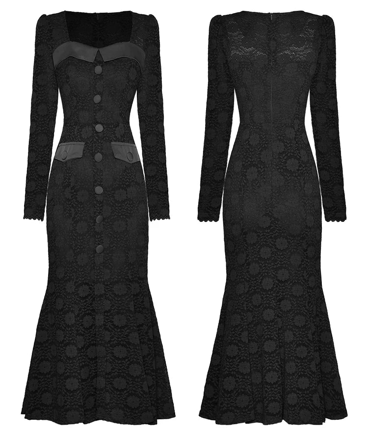 Beth Vintage Mermaid  Square Collar Button High Waist Package Buttock Lace Long Dress