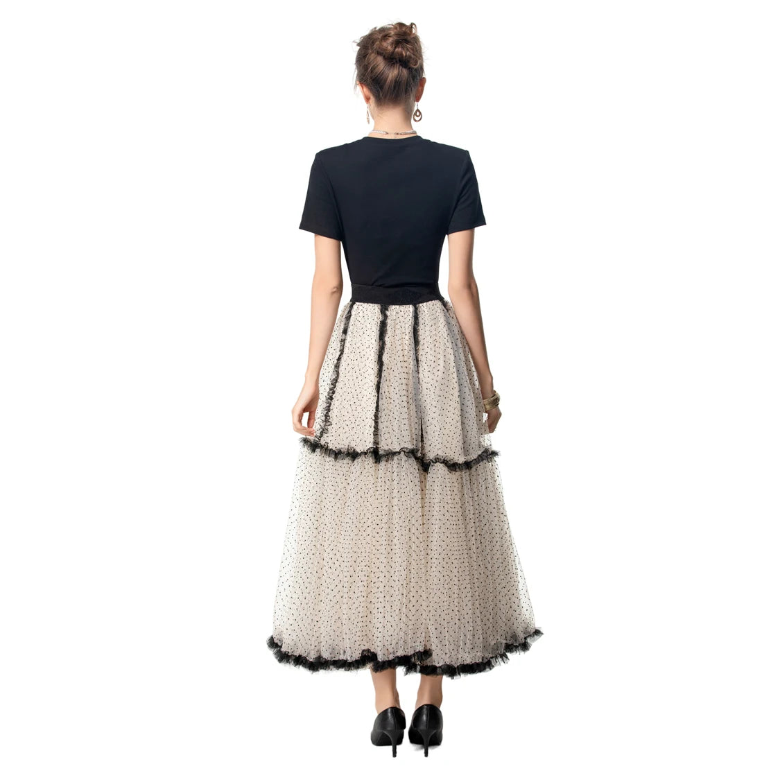 Berkley Two Piece Sets O Neck Short Sleeves Appliques Blouse with Layered Tull Skirts