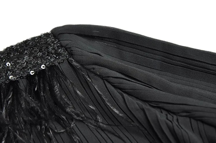 Eleanor  V-Neck Lantern Sleeve Feathers Sequins Patchwork Elegant Party Pleated Black Dress