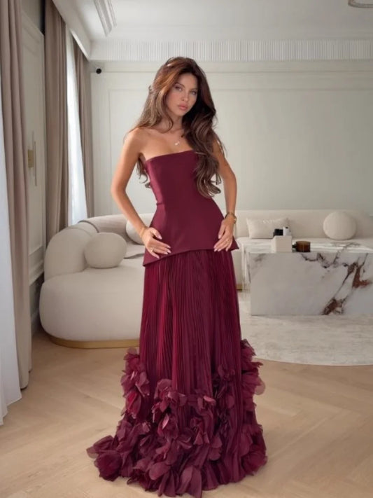 Josefa Banquet Strapless Maxi Dress 3D Floral Pleated Train Hem Luxury Gown