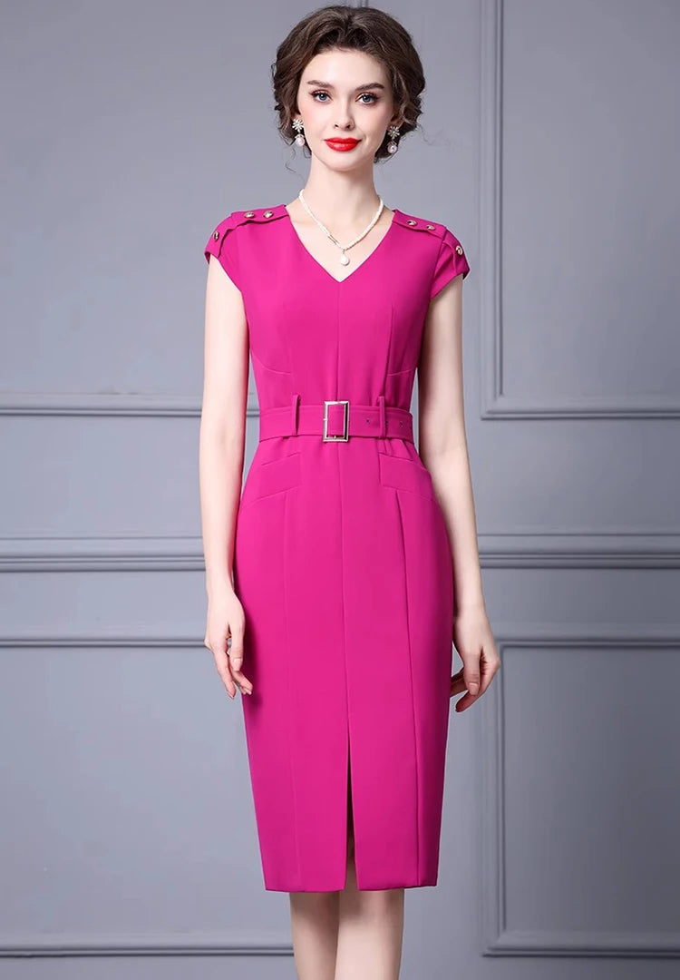 Kori V-Neck Garment Sleeve Sashes Dress High Street Rose Red+Khaki Temperament Dress