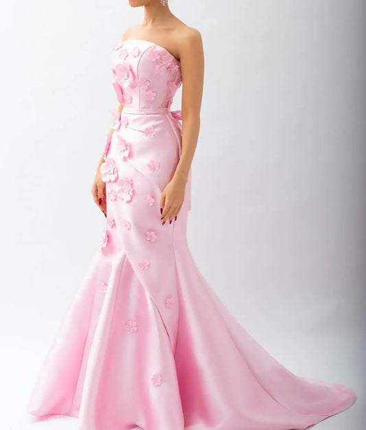 Aurelia Ribbon Mermaid Luxurious 3D Flowers Floor Length Elegant Pleated Party Dress