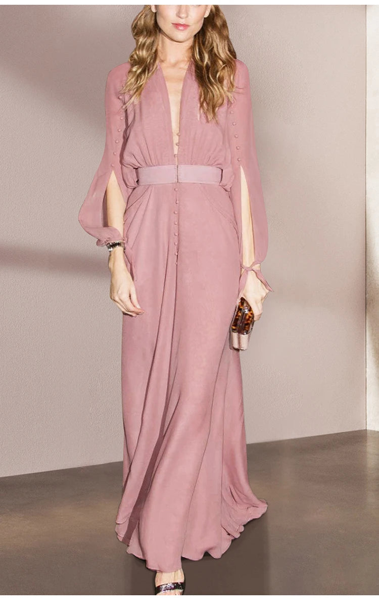 Theo Pink Vintage V-Ausschnitt Langarm Knopfleiste Hohe elastische Taille Schlitz Schmales langes Kleid