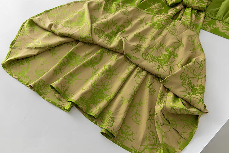Jemma Stand Collar Lantern Sleeve Lace-Up Chinese Style Print Dress