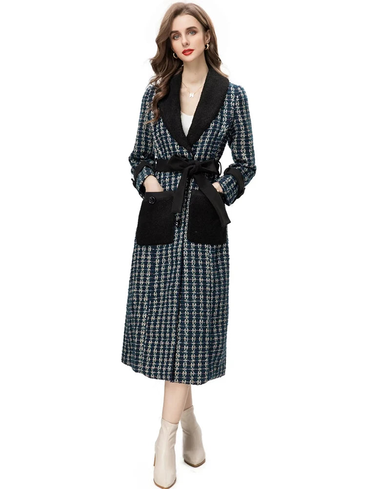 Noor Plaid Tweed Coat Women Long Sleeve Pockets Lace-up High Street Single Breasted Outerwear