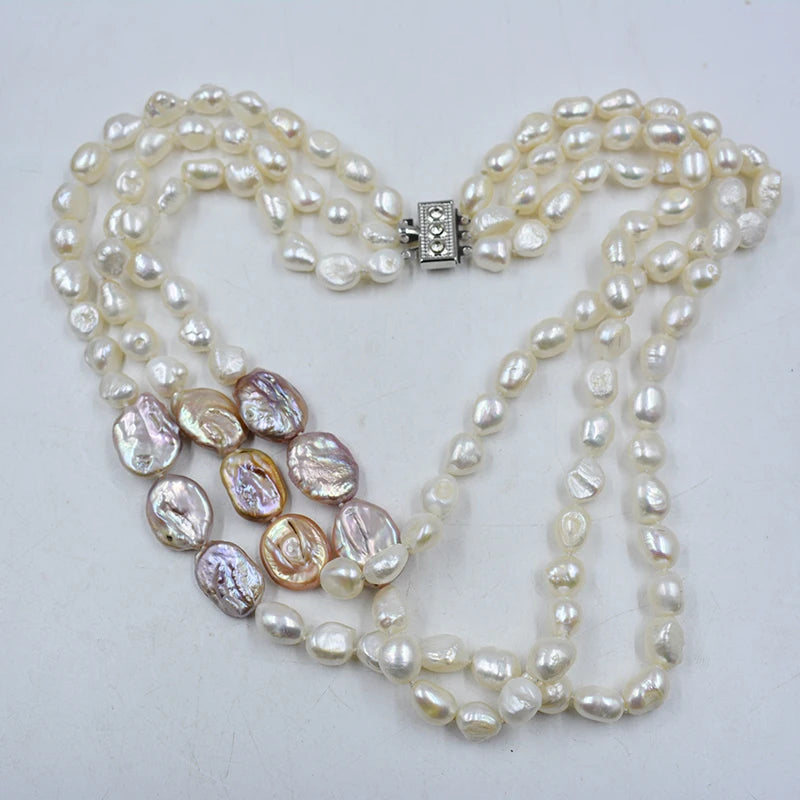 3 rows  9mm natural white Baroque freshwater pearl necklace/earring set. 18-25"