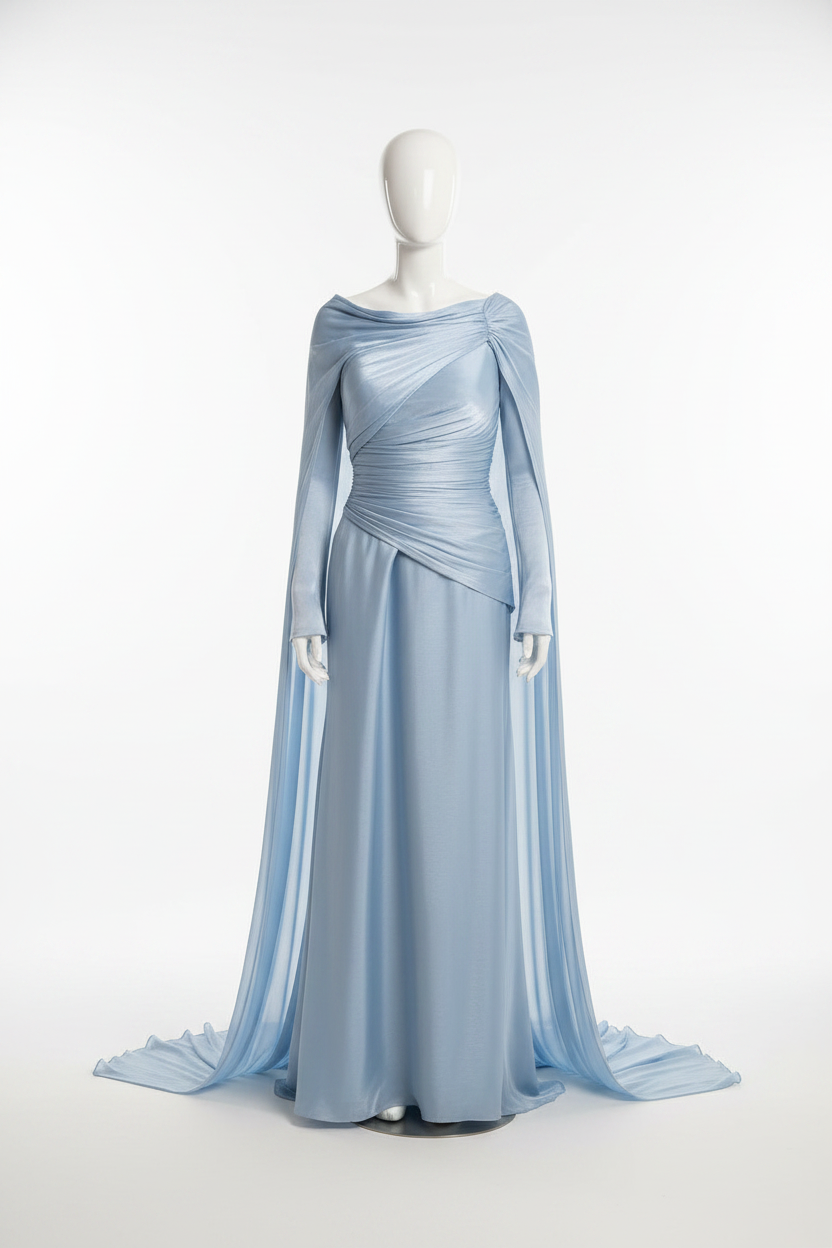 Voila Light Blue Shiny Satin Evening Dress Shawl Elegant Prom Dress