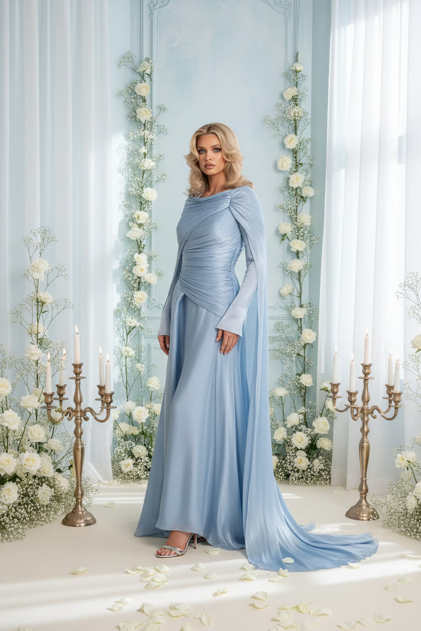 Voila Light Blue Shiny Satin Evening Dress Shawl Elegant Prom Dress