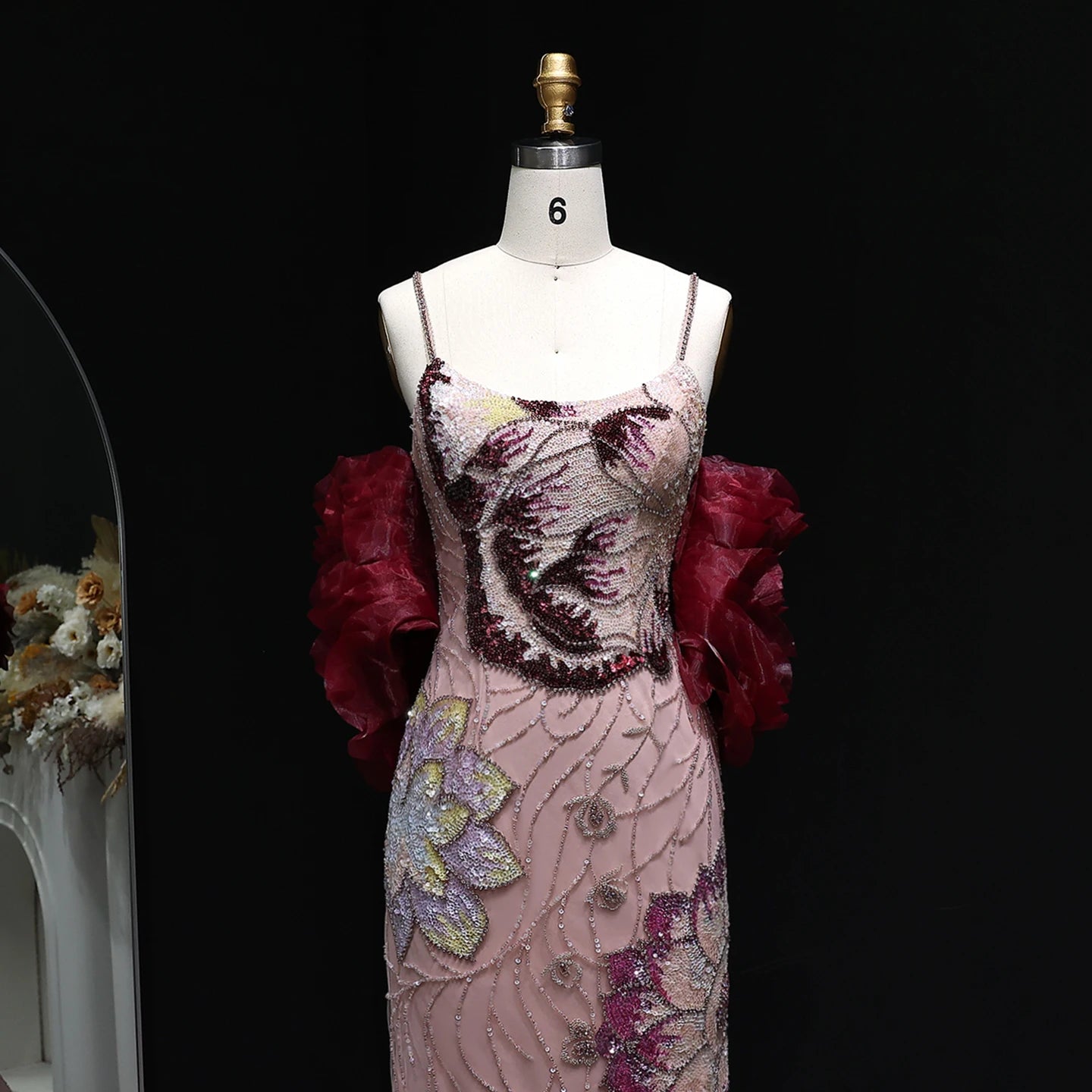Jerfel Pink Floral Beaded Evening Dress with Burgundy Shawl Cape