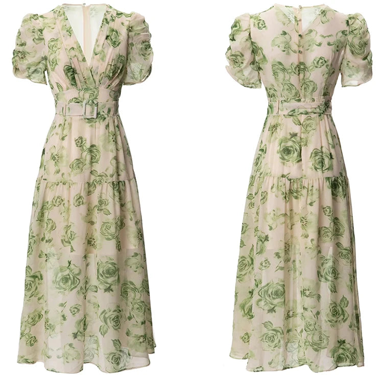 Bryce V-Neck Puff Sleeve Sashes Flower Print Vintage Dress