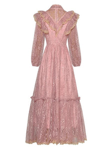 Pilar Long Sleeve Ruffle Hollow Out Vintage Midi Dress