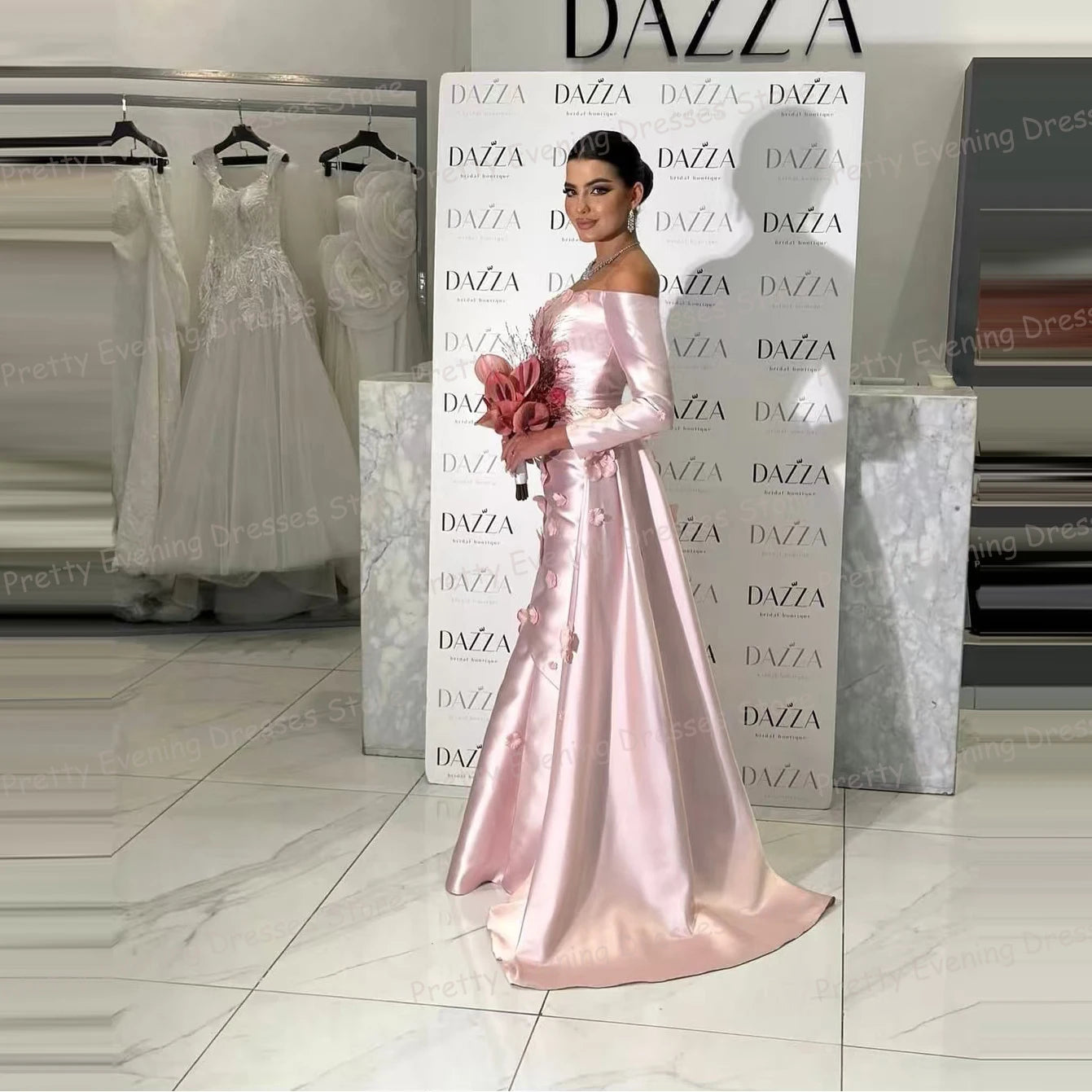 Loreal Pink Evening Dresses Sexy Mermaid Flowers Prom Gown