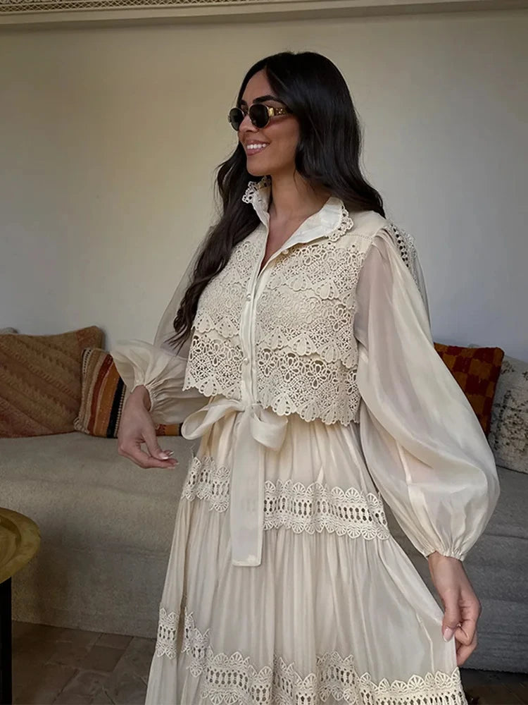 Elizabeth Hollow Out Long Lantern Sleeves Lace Up Pearl Single Breasted Dress