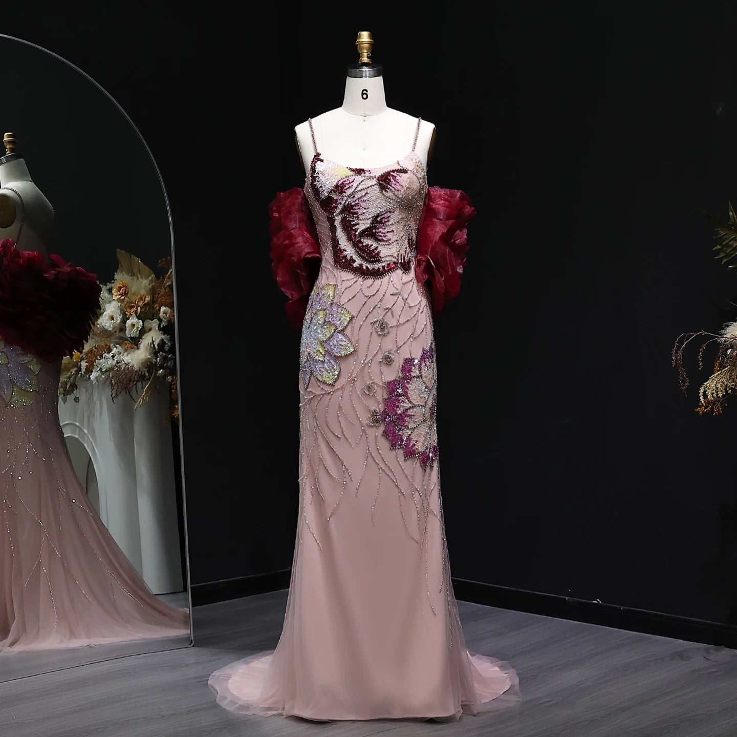 Jerfel Pink Floral Beaded Evening Dress with Burgundy Shawl Cape