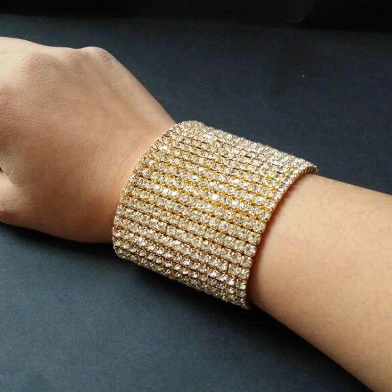 15 Rows  Gold Color and Silver Plated Clear Crystal Rhinestone Stretch Bangle Bracelet