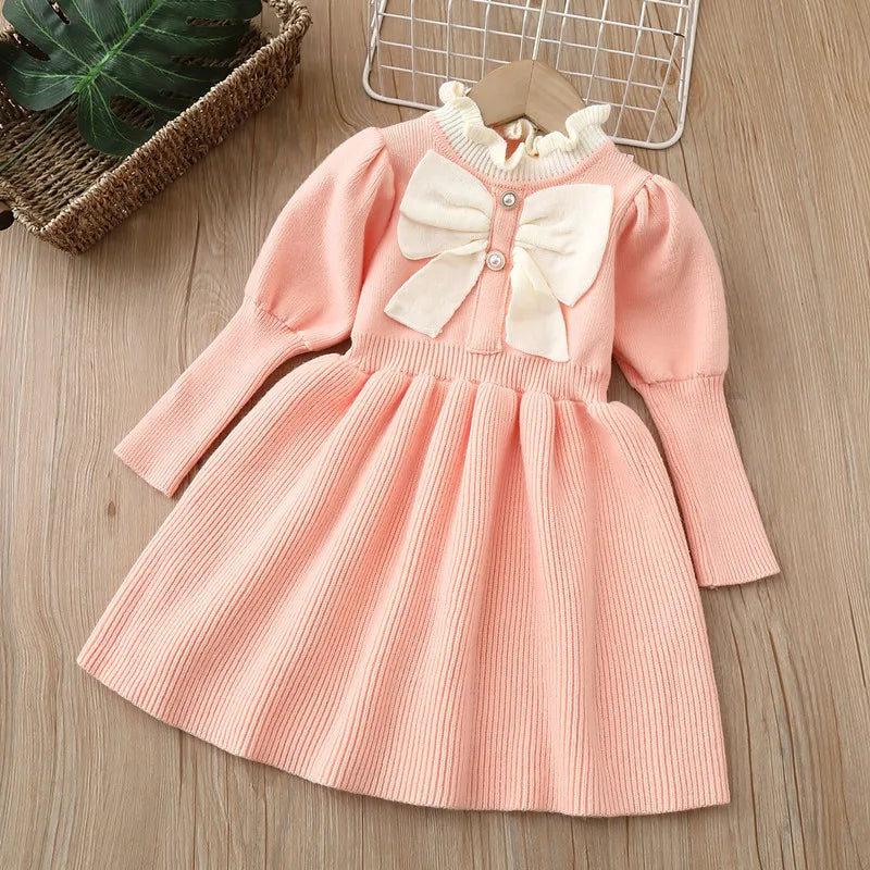 Knitted Jumpsuit Bow Fashion Long Dress for Kids Girls
