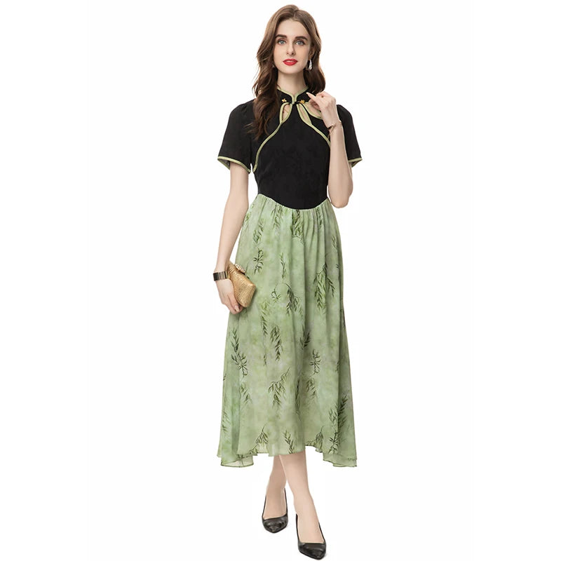 Bernadette Stand-Neck Short Sleeved Button Leaf Printing Casual  Dress