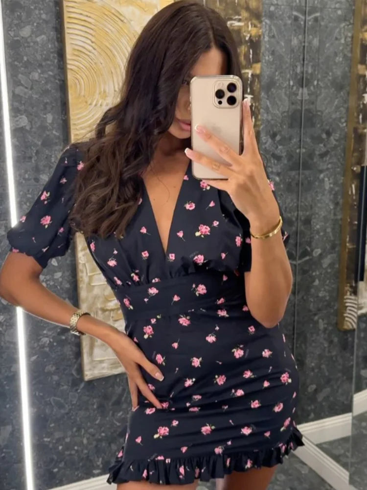 Fiona Floral Print Casual V-neck Puff Sleeve Waistband Ruffle Hem Mini Dress
