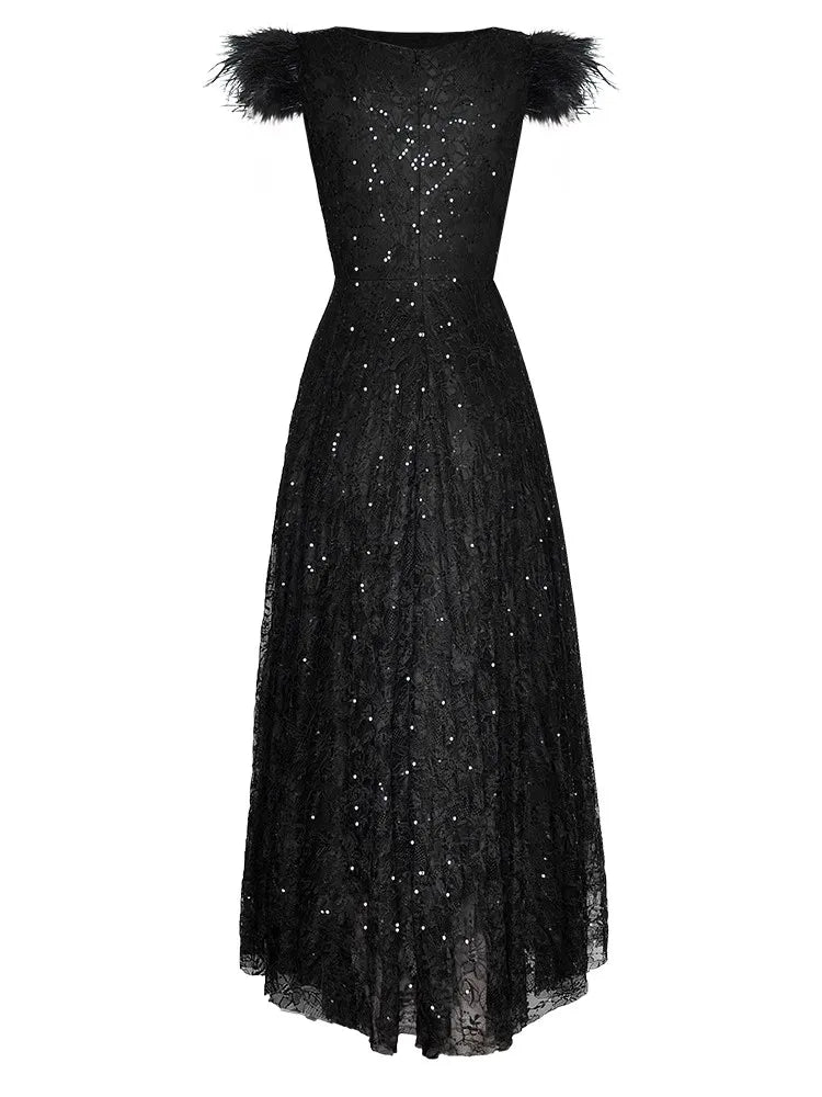Queen O-Neck Feathers Flying Sleeve Elegant Party Black Dress