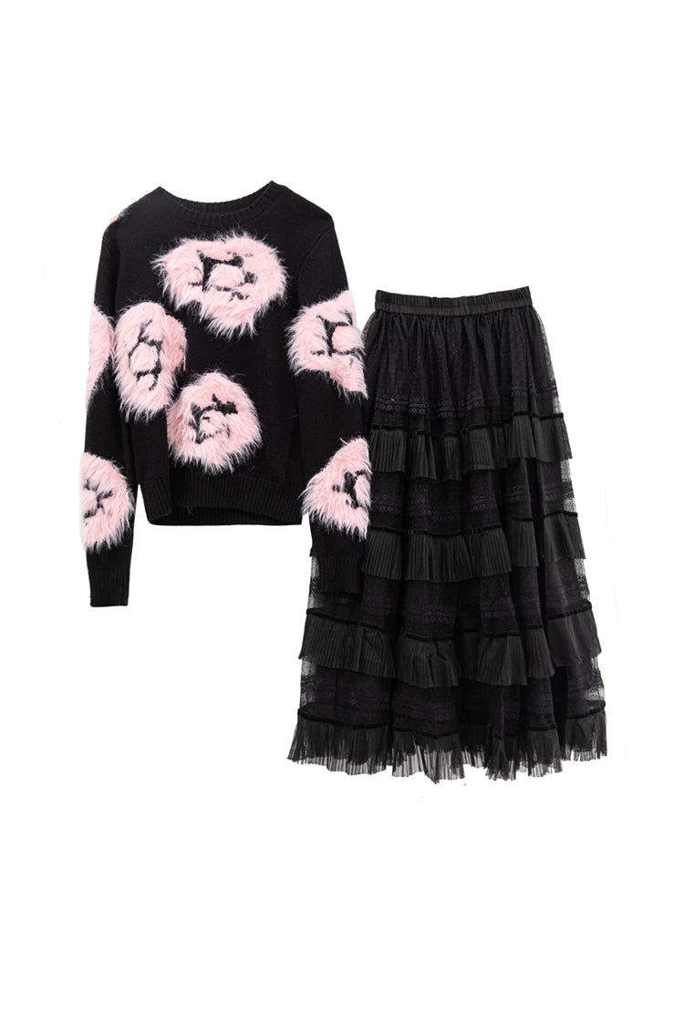 Luella Skirt Set Women Elastic Knitting Sweater+Tassels Spliced Skirt 2 Pieces Set