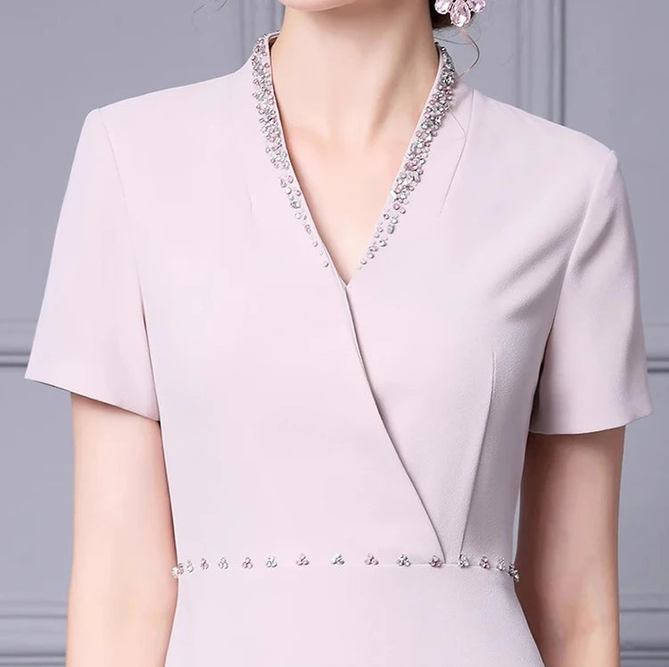 Rory V-Neck Short Sleeved Diamond  Office Lady Dress