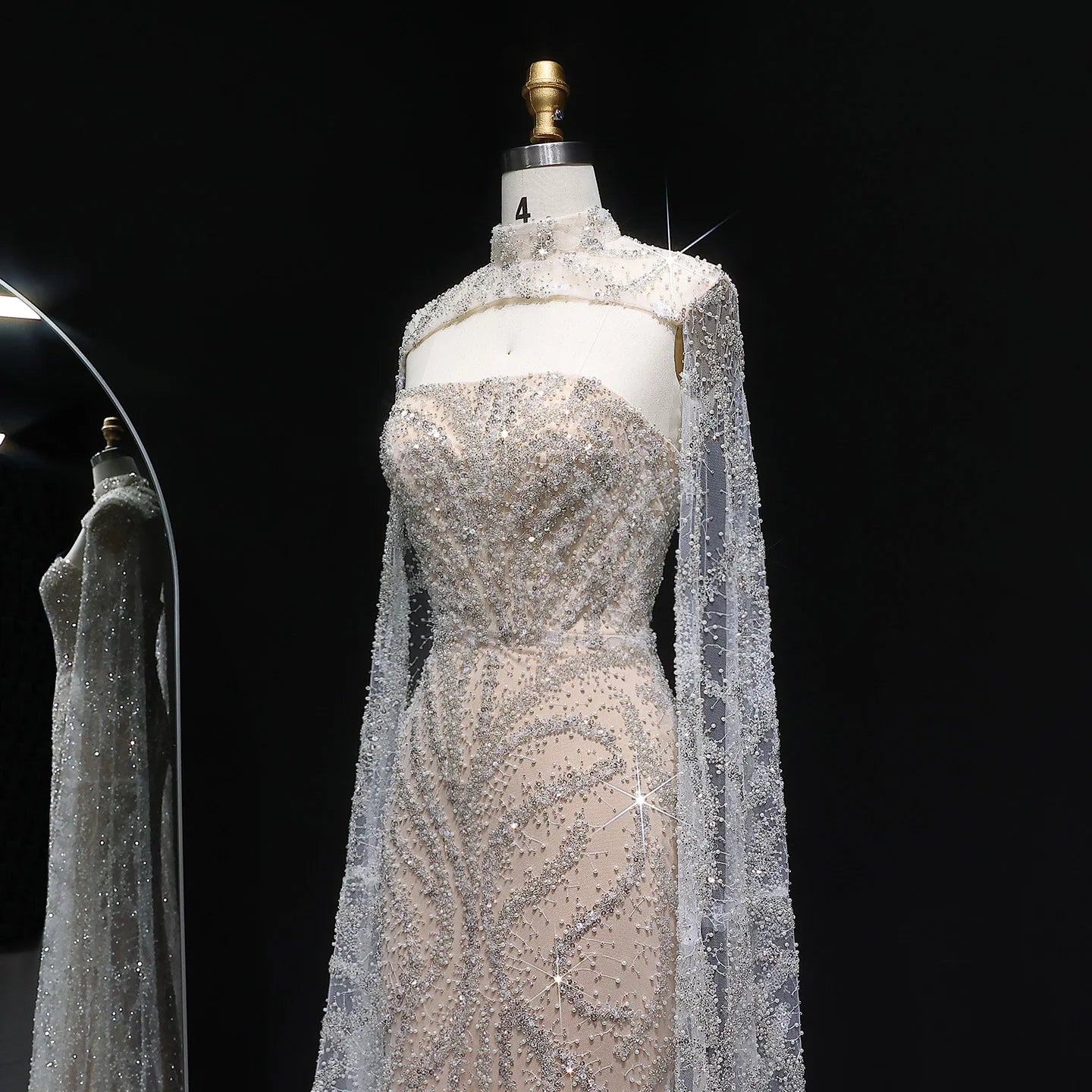 Nelzar Nude Tulle Mermaid Prom Dress with Flowing Sleeves