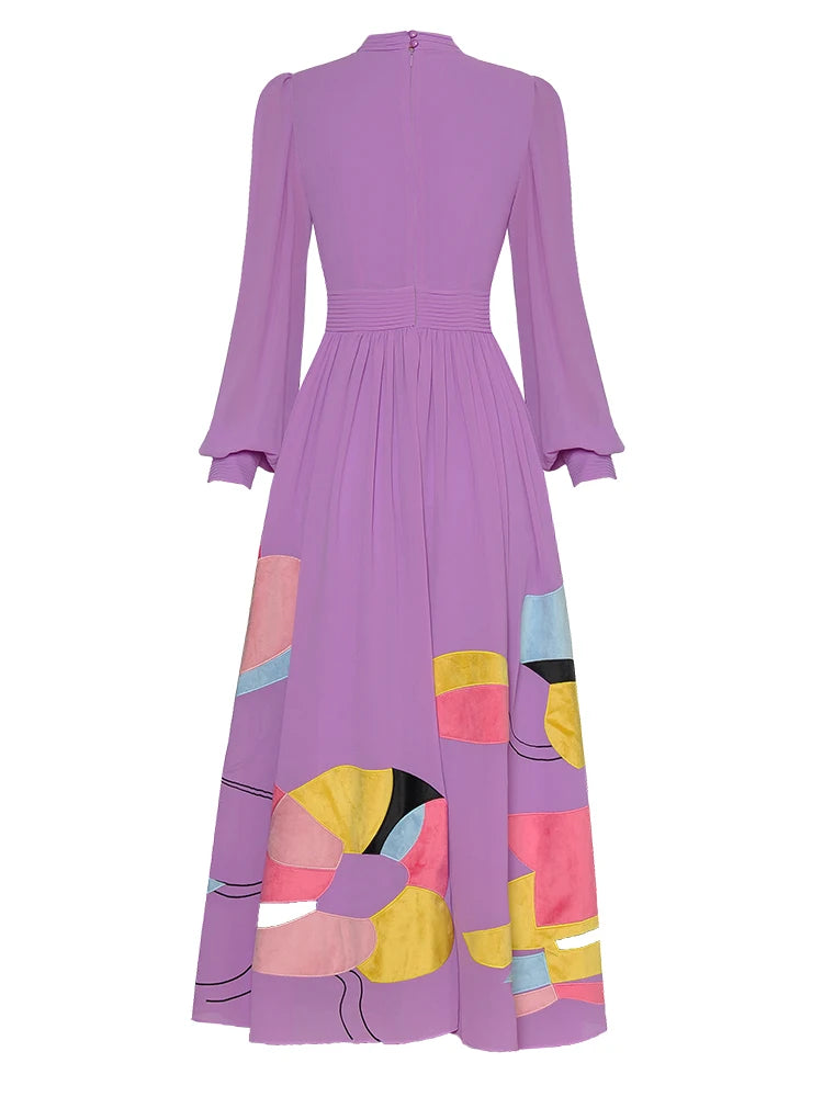 Lily Lantern Sleeve Embroidery Pleated High Waist Slim Long Dress