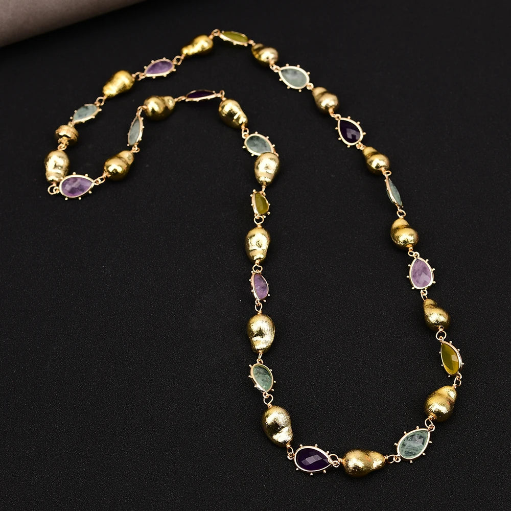 35'' Natural Gems Stone Fluorite Lemon Quartz Amethyst Jade Long Necklace