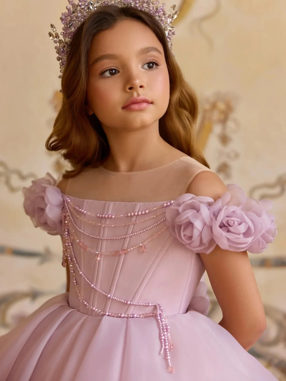 Arianna Lilac Princess Dress 3D Rose Off Shoulder Tulle Ball Gown for Kids