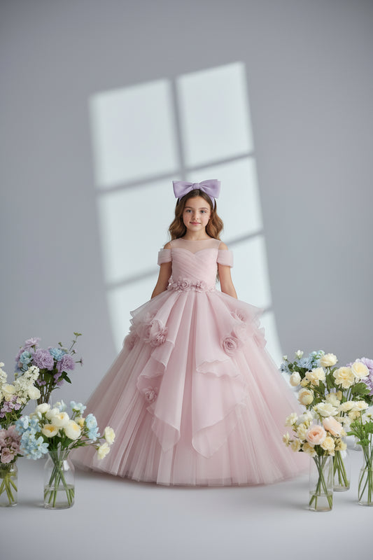 Arianna Lilac Princess Dress 3D Rose Off Shoulder Tulle Ball Gown for Kids