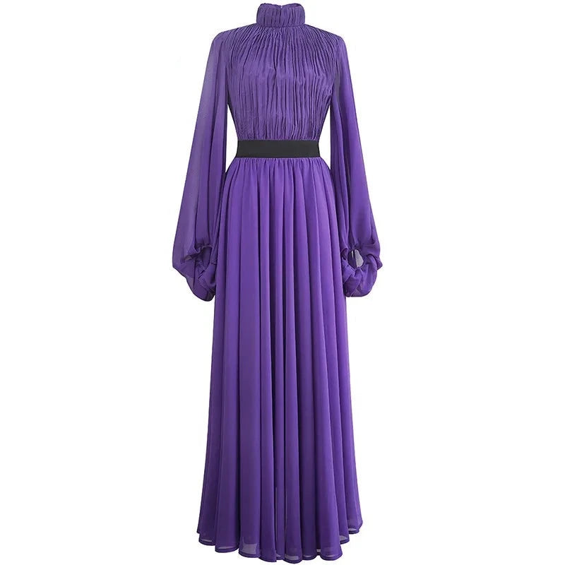 Asher Purple  Elastic Waist Slim Pleated Long Dress