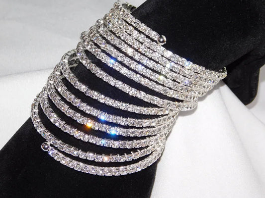 12 Rows  Silver Plated and Gold Color Spiral Upper Arm Rhinestone Bangle Bracelet