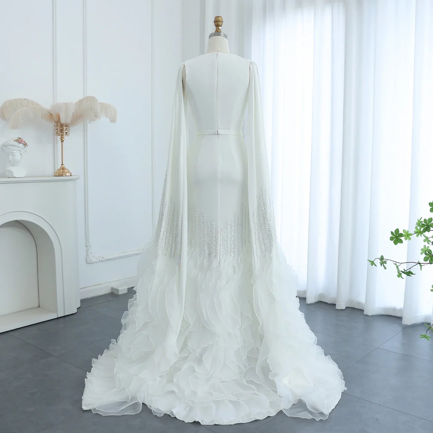 Adelaide White Evening Dresses with Cape Sleeves Tiered Ruffles Women Wedding Party Gown