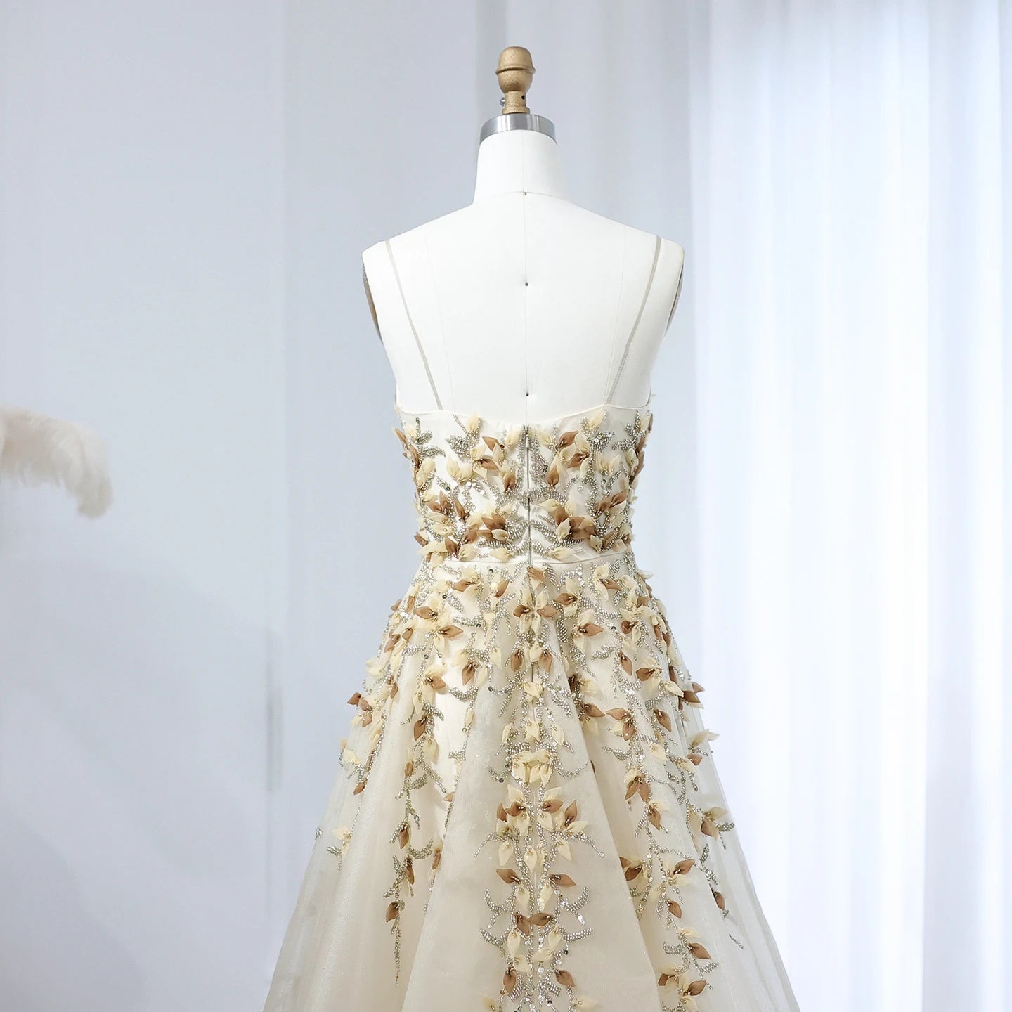 Elegant Beige with 3D Floral Embroidery A-Line  Luxury Dress