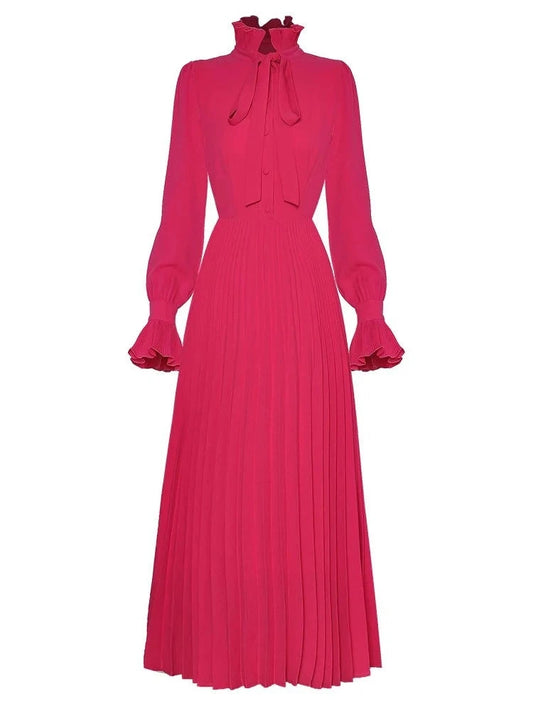 Shyla – Rotes Plisseekleid im Vintage-Stil mit Schnürung, Stehkragen und ausgestellten Ärmeln