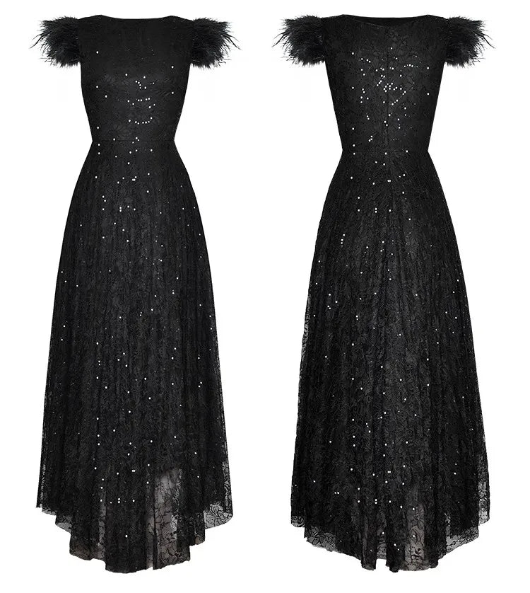 Queen O-Neck Feathers Flying Sleeve Elegant Party Black Dress