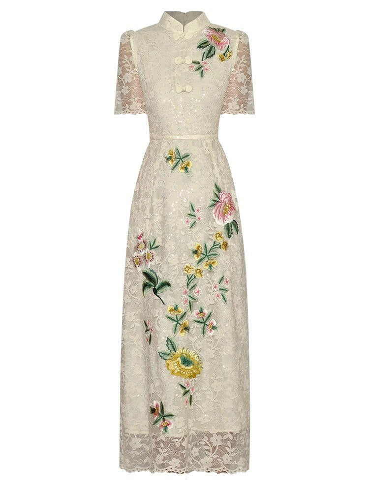 Arabella Early Autumn Lace Short Sleeve Flower Embroidery Chinese Style Pencil Dress