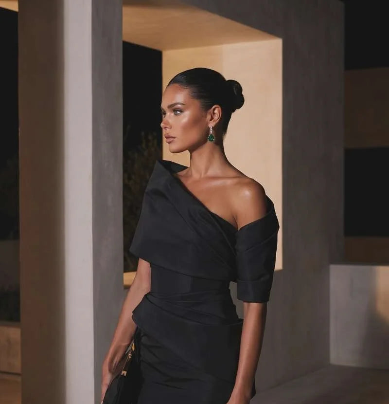 Annabelle Customized Black Satin One Shoulder Evening Dress Draped Ruched Mermaid Prom Dress