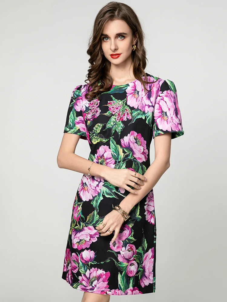 Everett Crystal Diamonds Floral Print Mini Dress