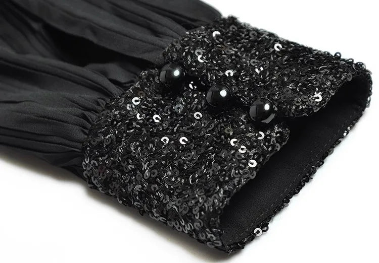 Eleanor  V-Neck Lantern Sleeve Feathers Sequins Patchwork Elegant Party Pleated Black Dress