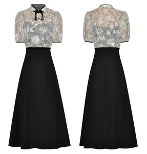 Kaylee Vintage Floral Print Skirt Set Women Stand Collar Button Beading Top+Sling Long Dress 2 Piece Set