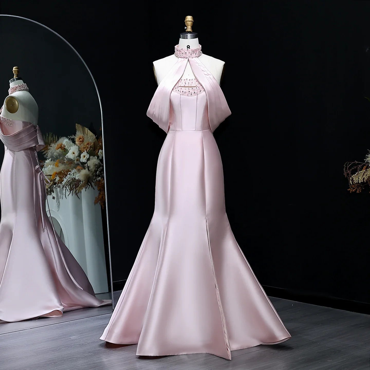 Petunia Pink Off Shoulder Crystal Evening Dress