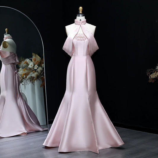 Petunia Pink Off Shoulder Crystal Evening Dress