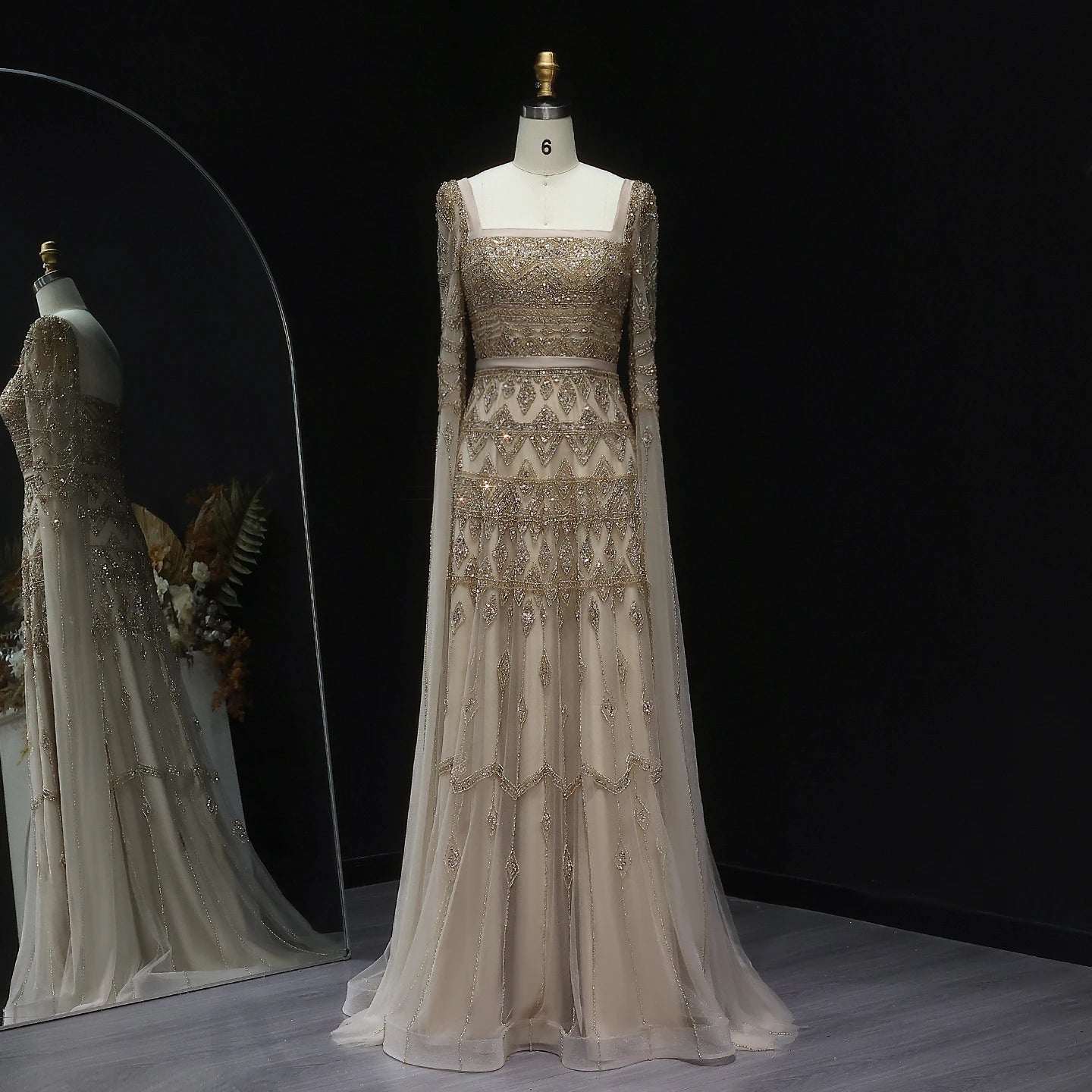 Cristalyn Arabic Burgundy Evening Dress with Cape Sleeve