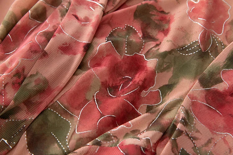 Max  V-Neck Short Sleeve Floral Print Folds Vintage Lace-up Dress